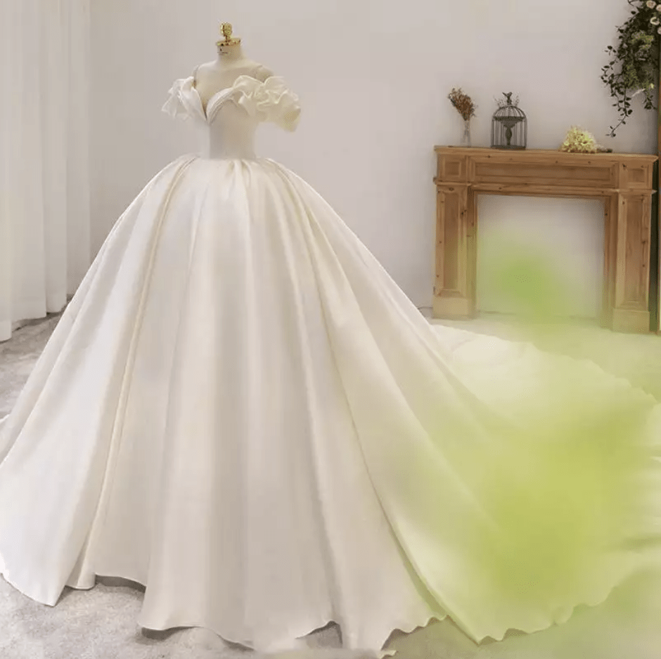 Ruffle Sleeve Satin Ball Wedding Dress - Mura Boutique