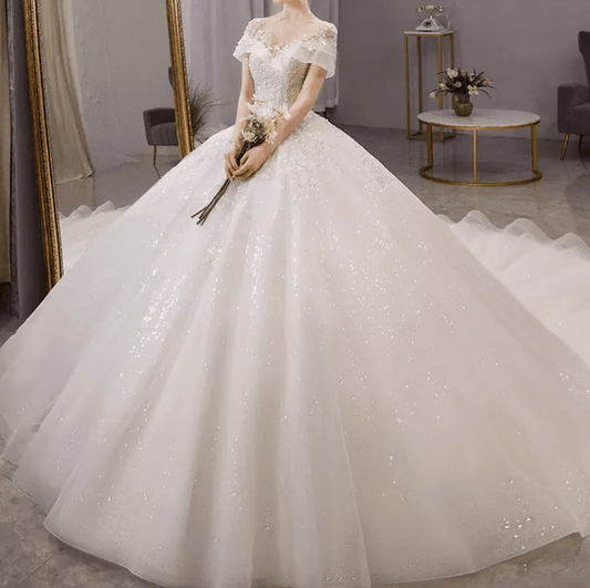 Sheer Sequin Cathedral Train Wedding Dress - Mura Boutique