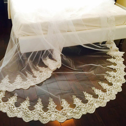 Shine Sequins Lace Cathedral Wedding Veil with Comb 3 Meters Long 1 Layer White Ivory Bridal Veil Wedding Accessories