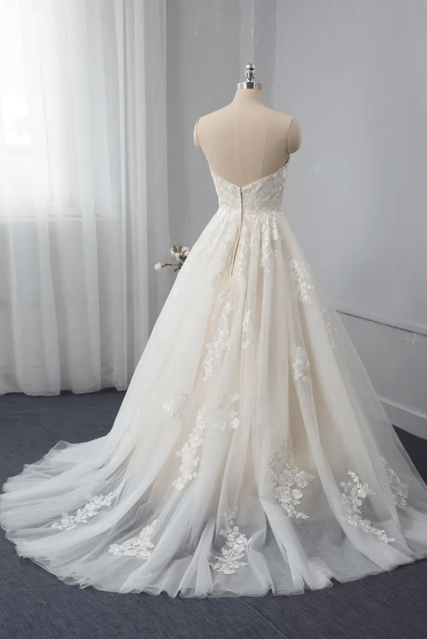 Strapless Floral Embroidery Mesh Light Champagne Wedding Dress - Mura Boutique