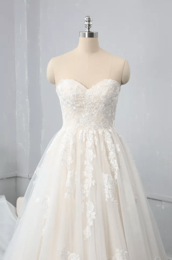 Strapless Floral Embroidery Mesh Light Champagne Wedding Dress - Mura Boutique