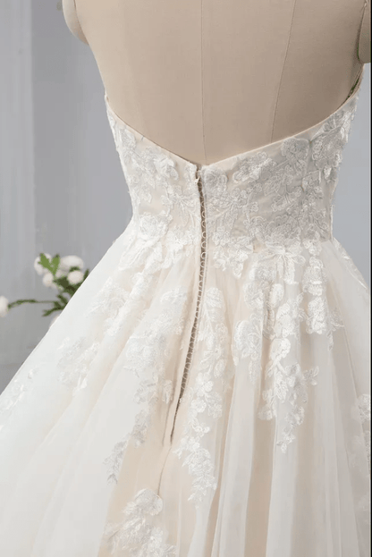 Strapless Floral Embroidery Mesh Light Champagne Wedding Dress - Mura Boutique