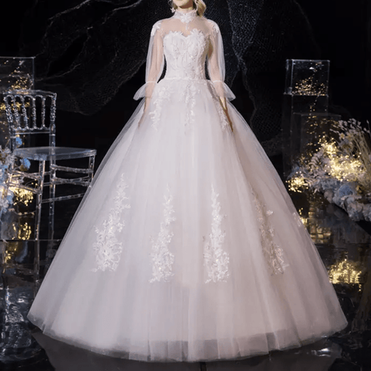 Three - Fourths Bell Sleeve Mesh Lace Embroidered Wedding Dress - Mura Boutique