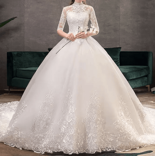 Three - Fourths Sleeve High Neck Sheer Lace Cathedral Train Wedding Dress - Mura Boutique