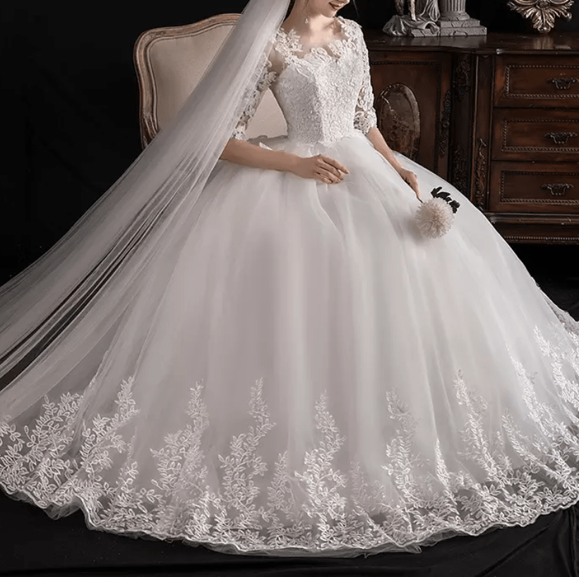 Three - Fourths Sleeve Lace Embroidered Wedding Dress - Mura Boutique