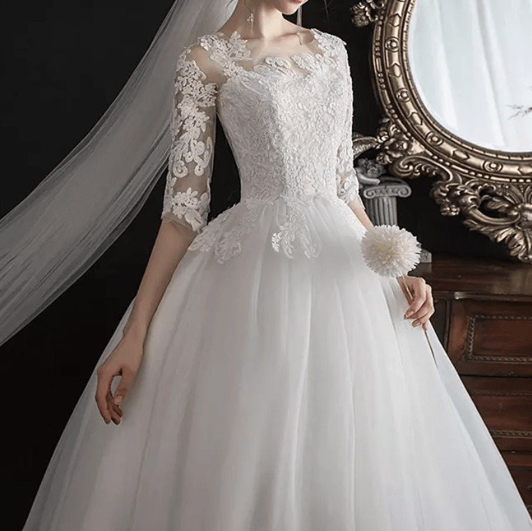 Three - Fourths Sleeve Lace Embroidered Wedding Dress - Mura Boutique