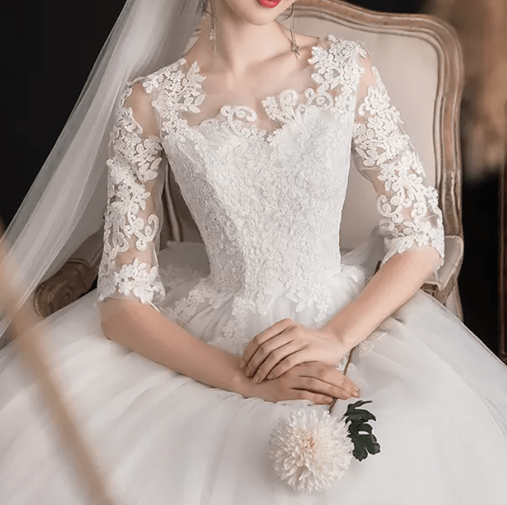 Three - Fourths Sleeve Lace Embroidered Wedding Dress - Mura Boutique