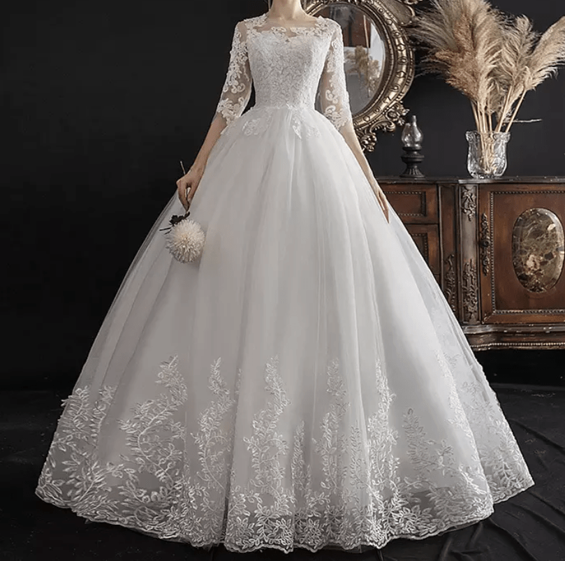 Three - Fourths Sleeve Lace Embroidered Wedding Dress - Mura Boutique