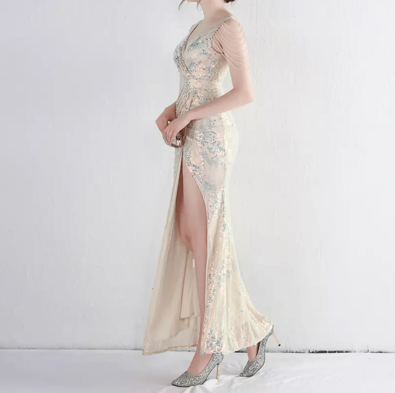 V - Neck Crystal Sleeve Slit Evening Gown - Mura Boutique