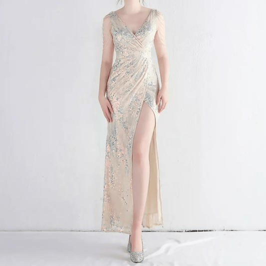 V - Neck Crystal Sleeve Slit Evening Gown - Mura Boutique