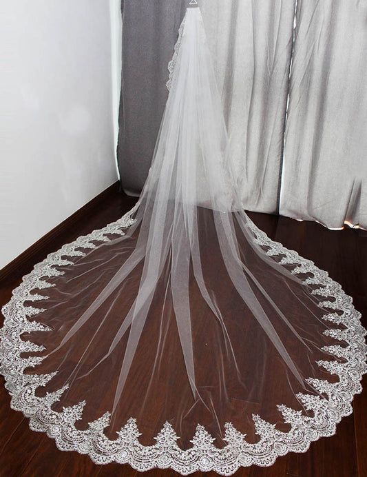 Mura Boutique Shop - Shine Sequins Lace Cathedral Wedding Veil with Comb 3 Meters Long 1 Layer White Ivory Bridal Veil Wedding Accessories