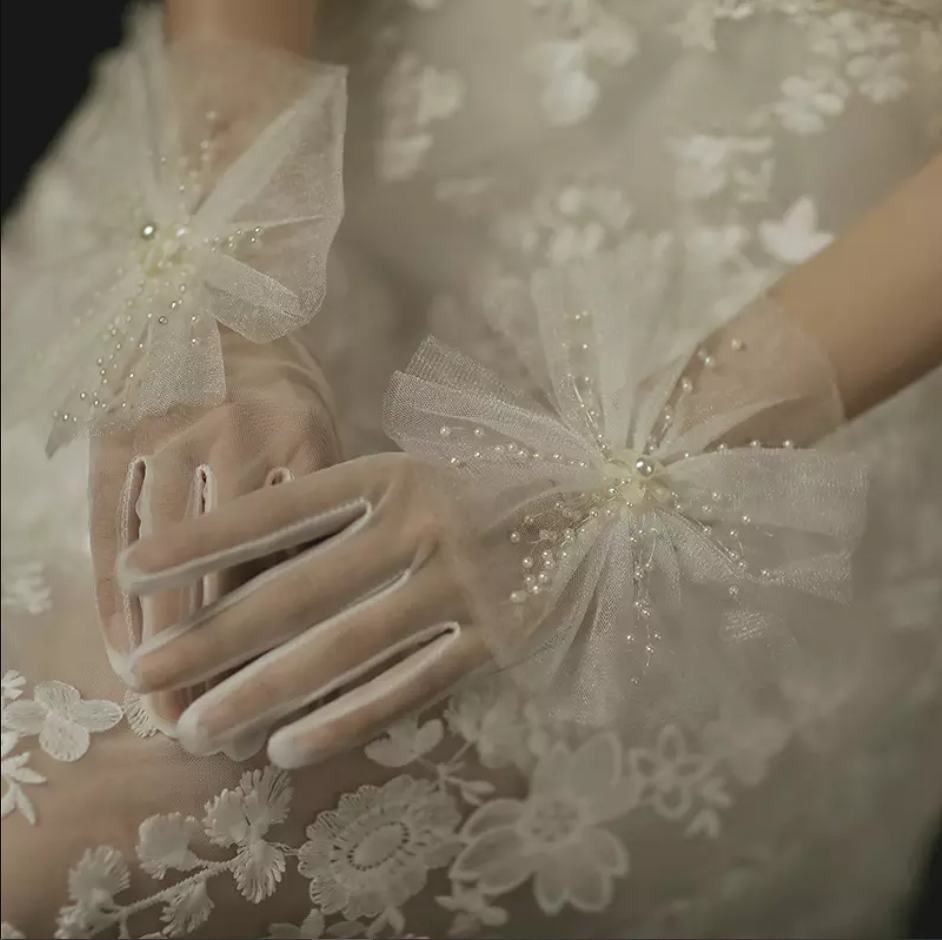 Translucent Mesh Faux Pearl Decor Wedding Gloves
