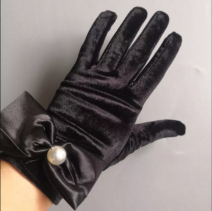 Black Velvet Ribbon Faux Pearl Decor Wedding Gloves