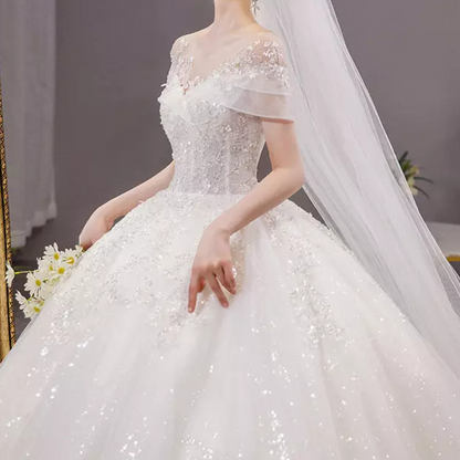 Sheer Sequin Cathedral Train Wedding Dress