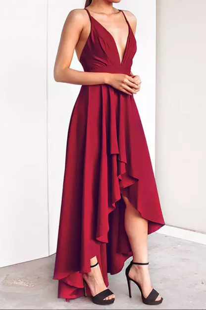Deep V-Neck High-Low Evening Gown